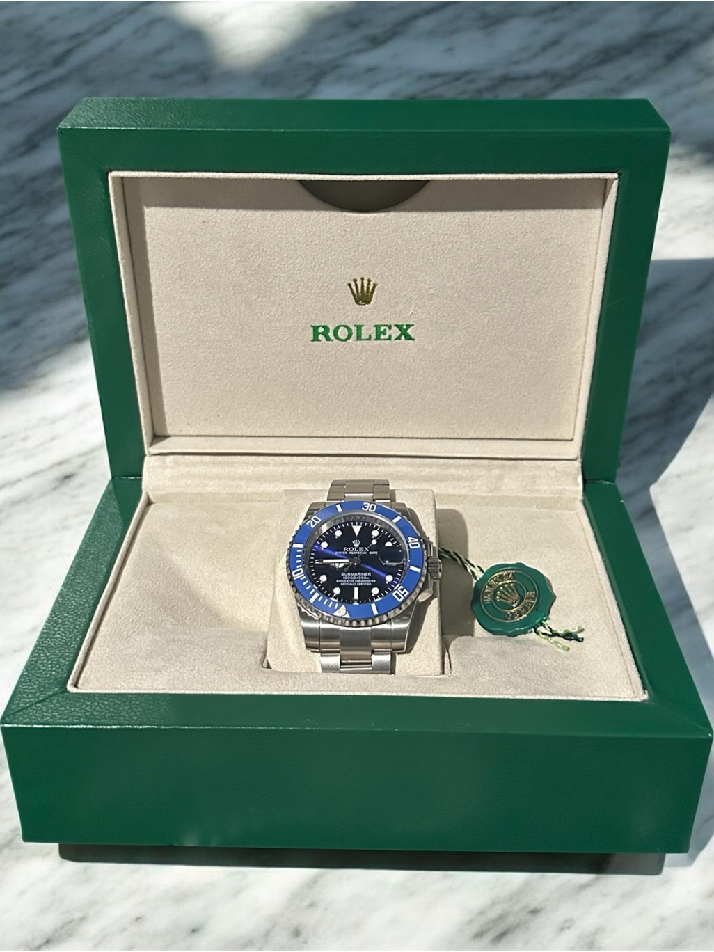 Rolex Stainless Steel Watch With Blue Dial And Bezel